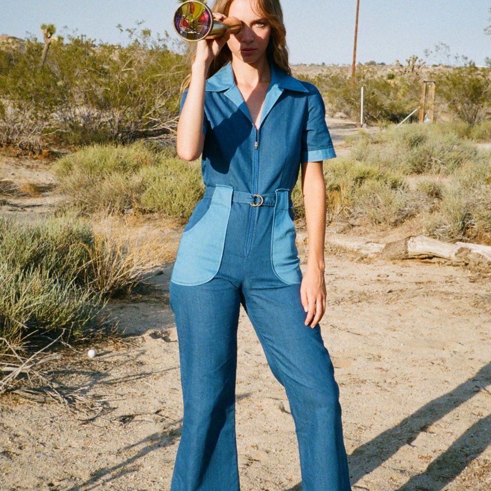 Miracle Eye California Shake Jumpsuit in Denim - Retro 70s Style Boilersuit